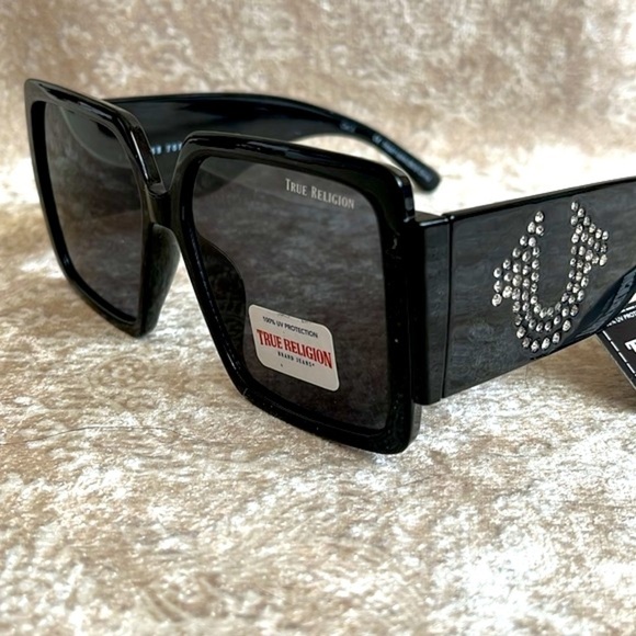 Brand New True Religion Oversized Black Square Sunglasses w/ Rhinestone Logo - Picture 13 of 16